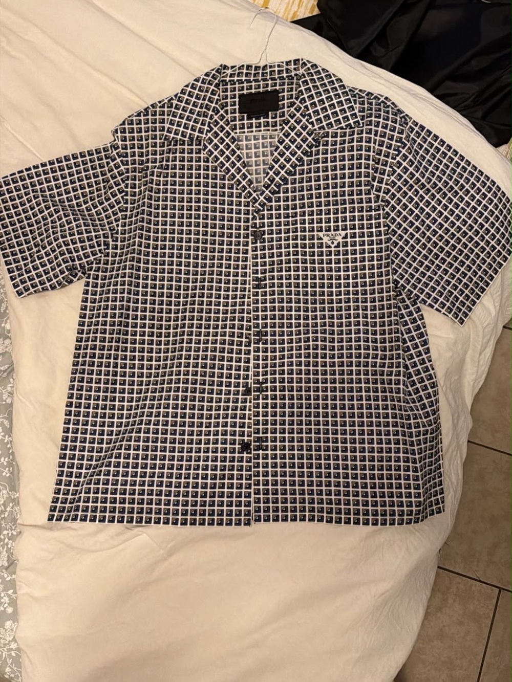 Prada Navy Blue/Yellow/White/Black Geometric Short-Sleeve Button-Down Shirt